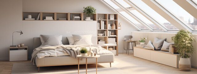 Obraz na płótnie Canvas Cozy Attic Bedroom Interior with Skylights and Urban View