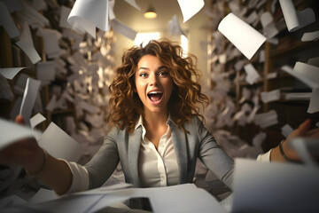 emotional business woman in the office among a large number of flying papers and documents. deadline. concept of workload and solving business issues during working hours
