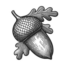 oak leaves and an acorn, a classic symbol of autumn sketch line art engraving generative ai vector illustration. Scratch board imitation. Black and white image.