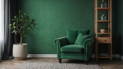 Armchair in green living room with copy space.