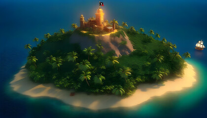 An island with a pirate shipwreck and a treasure chest full of gold coins and jewels.