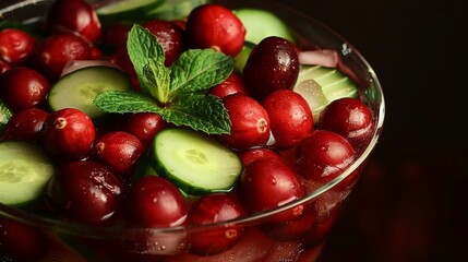  a glass bowl filled with cucumbers, cucumber slices, and mint on top of a table.