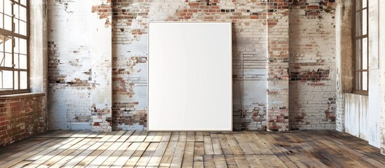 White blank poster displayed in a room with old brick walls and wooden floors, suitable for showcasing your content, products, and promotions.