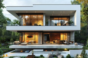 A modern house featuring a plethora of windows and a spacious balcony, surrounded by greenery of...