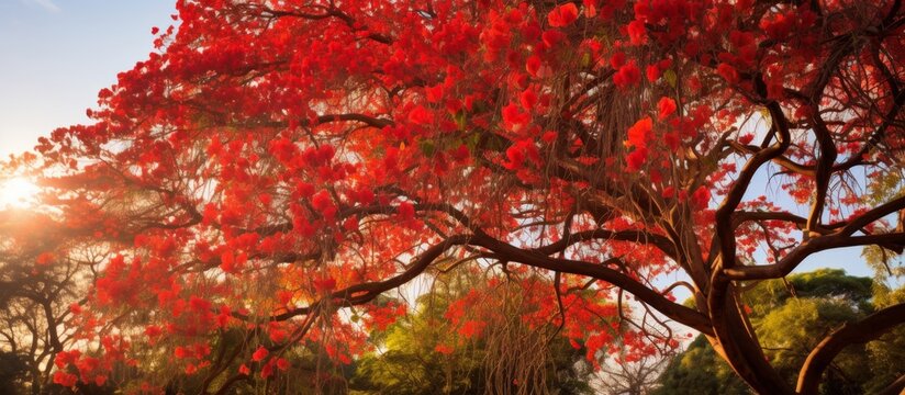 The sunlight filters through the red leaves of a deciduous tree, creating a beautiful natural landscape painting with vibrant colors