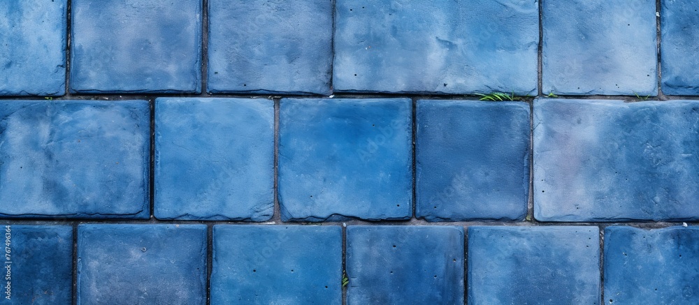 Poster a close up of a symmetrical pattern of azure rectangular tiles on a wall. the electric blue tints cr