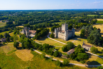 Aerial view of Chateau de Roquetaillade, medieval castle in commune of Mazeres in Gironde...