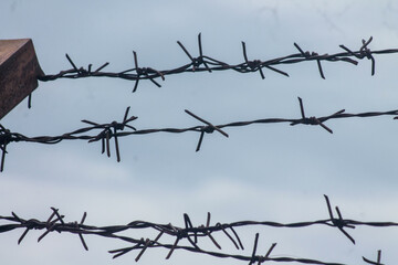 Barbed wire. Barbed wire on fence with blue sky