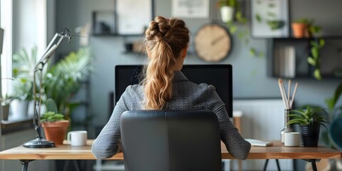 Young businesswoman with poor posture suffering from back pain at her office desk. Concept Office ergonomics, Back pain relief, Correct posture tips, Workplace wellness, Desk stretches - obrazy, fototapety, plakaty