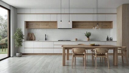 3d rendering white minimal kitchen with wood decoration