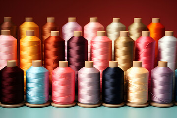 set of colored sewing threads in spools for textile and clothing production. textile industry. tailoring.