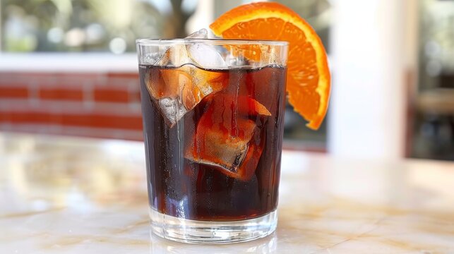  a close up of a glass of soda with an orange slice on the side of the glass and another glass of soda with an orange slice on the side.
