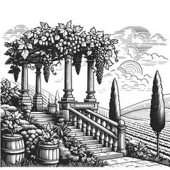 serene Tuscan vineyard landscape with a traditional villa, cypress trees, and distant hills. Sketch engraving generative ai vector illustration. Scratch board imitation. Black and white image.