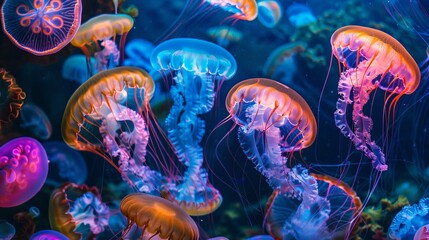 The scene depicts colorful jellyfish gracefully swimming in illuminated aqua waters, casting mesmerizing light patterns around them. - obrazy, fototapety, plakaty