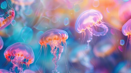 The scene depicts colorful jellyfish gracefully swimming in illuminated aqua waters, casting mesmerizing light patterns around them.
