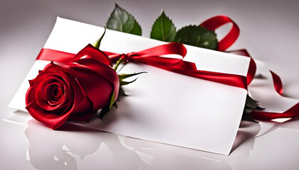 Cinema screenshot view of letter tied with long red ribbon and big natural red rose