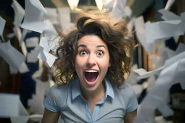 emotional business woman in the office among a large number of flying papers and documents. deadline. concept of workload and solving business issues during working hours