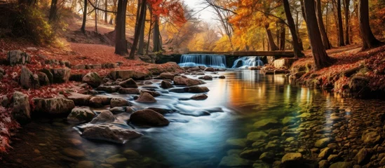 Fotobehang A river flows through a dense forest, with a majestic waterfall cascading in the background. The natural landscape is a beautiful painting of water, trees, and plants © AkuAku