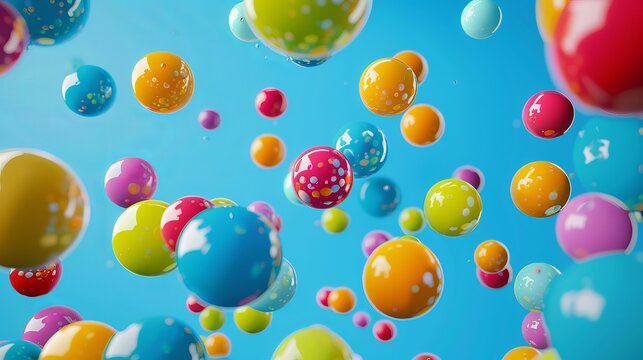 
The image captures a mesmerizing sight of multi-colored balls suspended in mid-air against a serene blue background