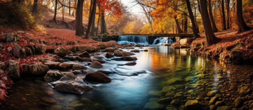 A river flows through a dense forest, with a majestic waterfall cascading in the background. The natural landscape is a beautiful painting of water, trees, and plants