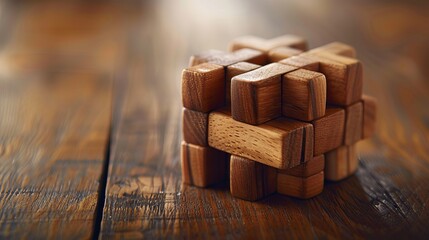 The close-up image showcases a wooden puzzle, a brain teaser that challenges the mind. This wooden game block is a brainteaser