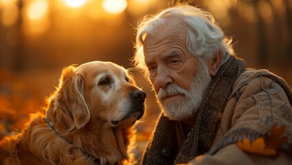 An elderly man is sitting next to a companion dog, a carnivore with a snout, belonging to the sporting group. The dog breed has facial hair, working as a happy and loyal companion in events - obrazy, fototapety, plakaty