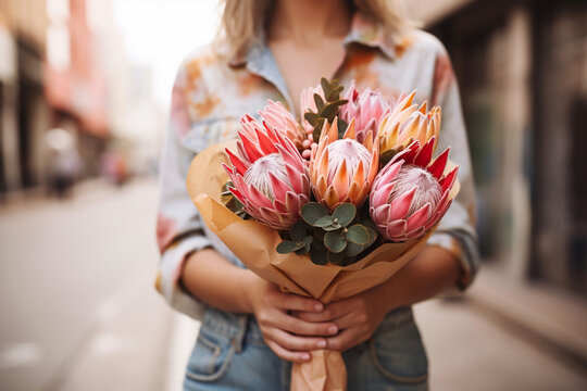 Close up of pink protea flowers. close up. bouquet for Valentines, Womens day, Mothers day, birthday. decoration. Nature. AI Generated	 - Powered by Adobe