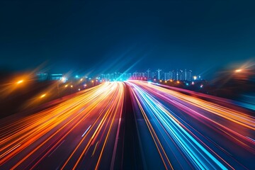 Fototapeta na wymiar Busy city highway at night with blurred car lights creating an abstract and dynamic long exposure shot. Concept Cityscape Photography, Long Exposure, Urban Nights, Blurred Car Lights, Abstract Art