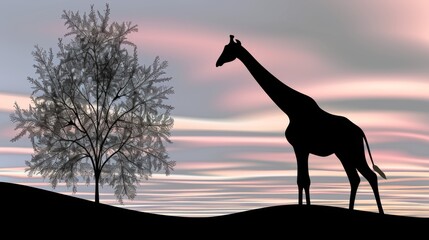  a silhouette of a giraffe standing next to a tree with a pink and blue sky in the background.
