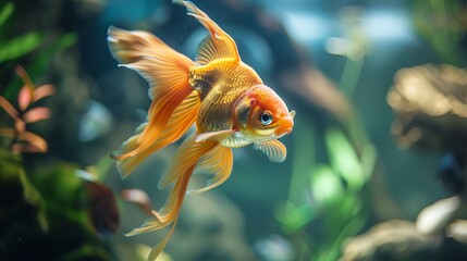 A charming little fish swimming gracefully in an aquarium, adding beauty to its underwater world. - obrazy, fototapety, plakaty