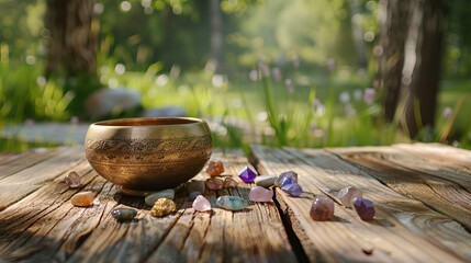 In an outdoor setting, there's a composition featuring a Tibetan singing bowl surrounded by various gemstones placed on a wooden table