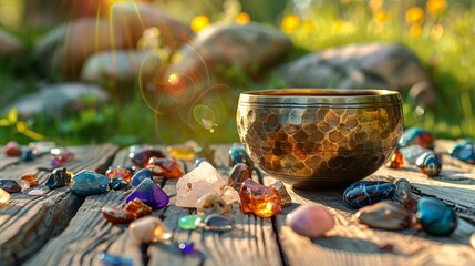 In an outdoor setting, there's a composition featuring a Tibetan singing bowl surrounded by various gemstones placed on a wooden table