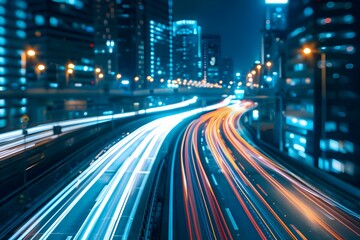 Nighttime Long Exposure Shot of Busy City Highway with Blurred Car Lights. Concept Nighttime Photography, Long Exposure, Cityscape, Light Trails, Urban Landscape