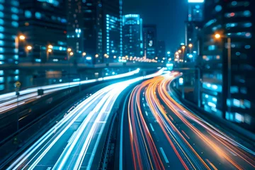 Foto op Plexiglas Nighttime Long Exposure Shot of Busy City Highway with Blurred Car Lights. Concept Nighttime Photography, Long Exposure, Cityscape, Light Trails, Urban Landscape © Anastasiia