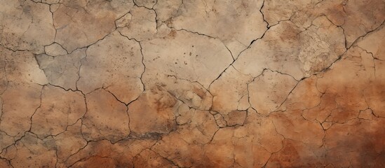 A detailed closeup of a cracked concrete wall showcasing a unique pattern resembling brown wood art. The visual arts of the landscape, twig, soil, and rock are evident in the intricate design