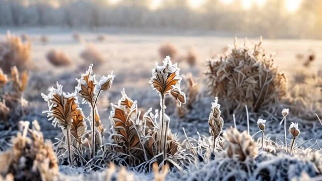 Winter view with dry plants covered with frost in the morning sunlight, motio