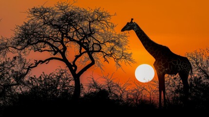  a giraffe standing in front of a tree with the sun setting in the distance in the distance behind it.