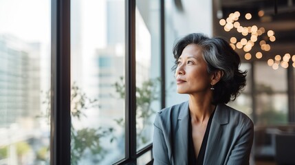 mature optimistic asian businesswoman woman female executive CEO in corporate modern office thinking contemplating and looking out window skyscraper cityscape daytime with room for text - obrazy, fototapety, plakaty
