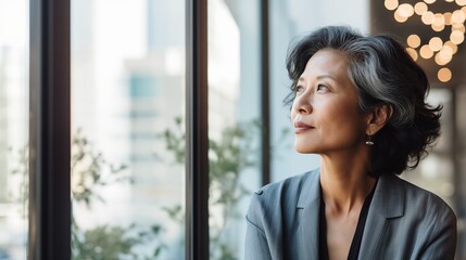 mature optimistic asian businesswoman woman female executive CEO in corporate modern office thinking contemplating and looking out window skyscraper cityscape daytime  - obrazy, fototapety, plakaty