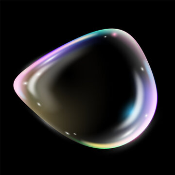 Transparent water realistic glass bubbles 3d vector glass heart shape liquid abstract, fluid with holographic effect. Render of soap water bubble with reflection isolated on black background