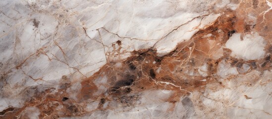 A detailed close up of a brown and white marble surface, resembling a landscape painting. This natural material has the texture of bedrock, with artlike patterns