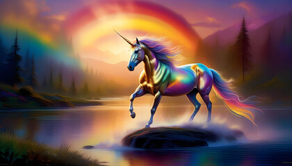 A digital painting of a unicorn in a colorful and magical landscape
