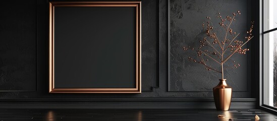 Copper frame placed on a black wall, serving as a mock-up for a frame. - obrazy, fototapety, plakaty