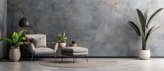 Living room with an armchair and pillow, lamp, potted plant, ottoman, and round carpet on a gray...