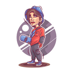 skater boy cartoon character standing in stylish outfits