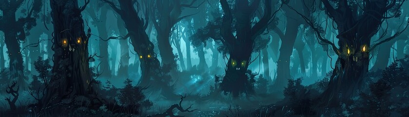 A dense forest at night with the trees appearing to close in and eyes glowing from the darkness