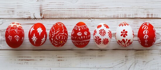 A lineup of Easter eggs dyed with handmade wax in red and white colors, displayed in a Ukrainian pysanka frame on a white wooden background with space for text. - obrazy, fototapety, plakaty