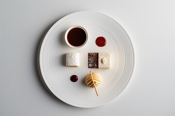 A minimalist geometric dessert plate with precisely cut pastries and sauces in sharp