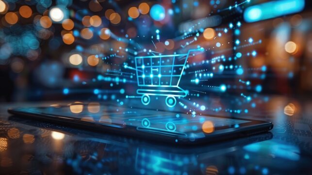 Futuristic augmented reality shopping experience with a glowing digital shopping cart emerging from a tablet in a blurred bokeh background.