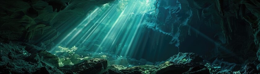 The mysterious depths of a cave illuminated by shafts of light from above